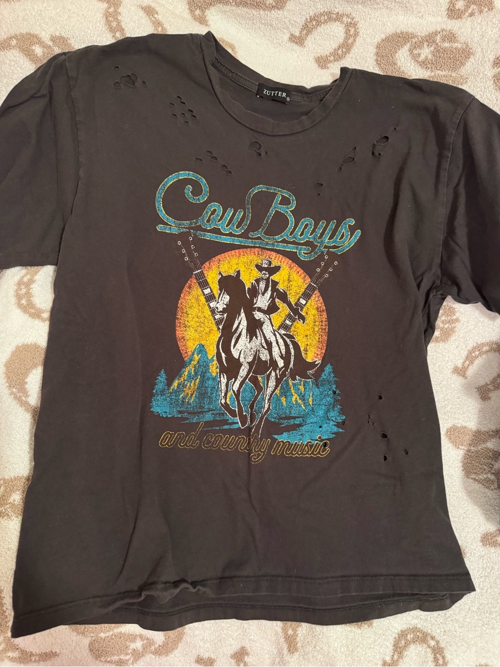 CowBoys Graphic Tee - Black with Teal & Yellow Print